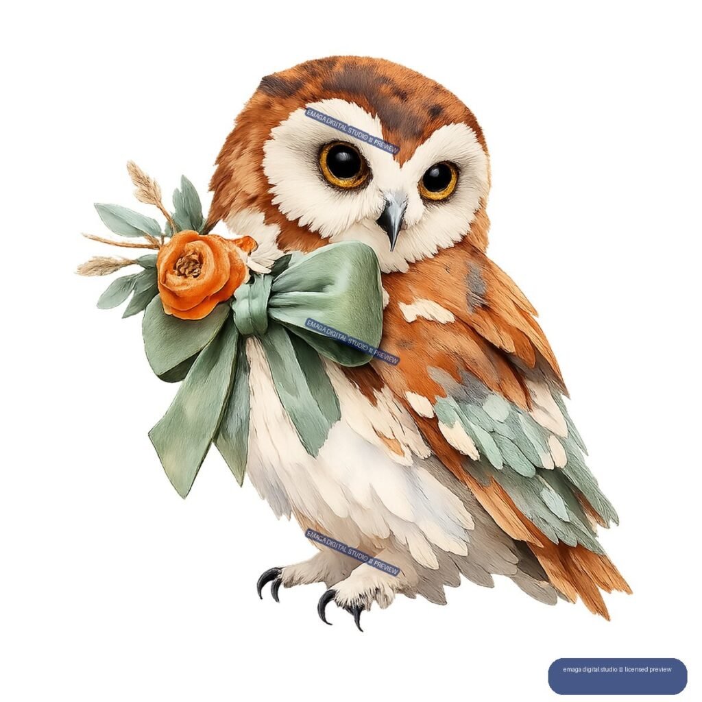 Stylized russet and cream owl with golden eyes, wearing a sage-green floral bow with an orange flower.