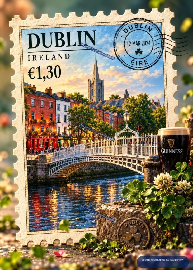 Decorative Dublin postage stamp showing a bridge, riverside buildings, church spire, Guinness pint, shamrocks, and a Dublin postmark dated 12 Mar 2024.