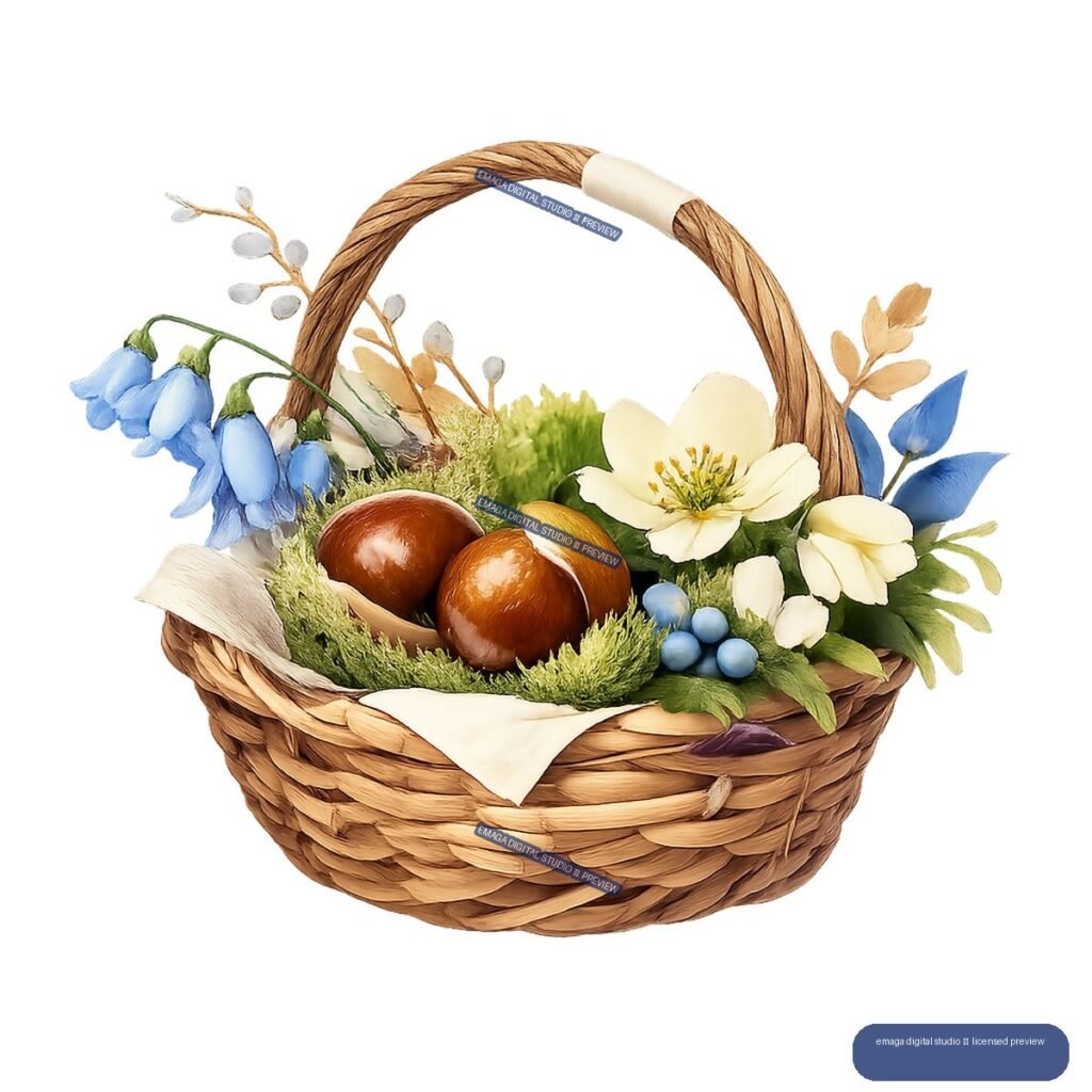 Woven basket arrangement with bluebell flowers, white blossoms, moss, blue berries, dried foliage, and brown fruit.
