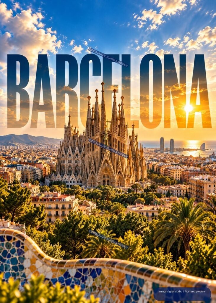 Barcelona cityscape at sunset with the Sagrada Família, Mediterranean shoreline, palm trees, mosaic railing, and large BARCELONA lettering.