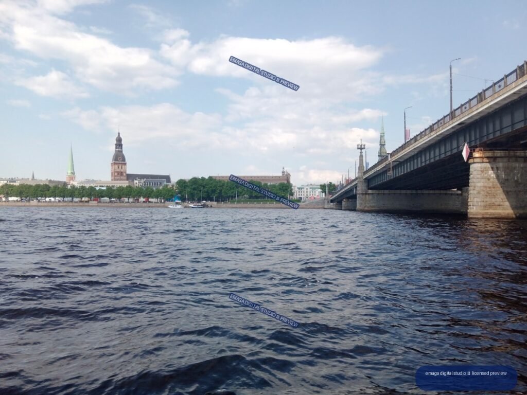 Riga, Latvia Riverside Skyline and Bridge Across the Daugava