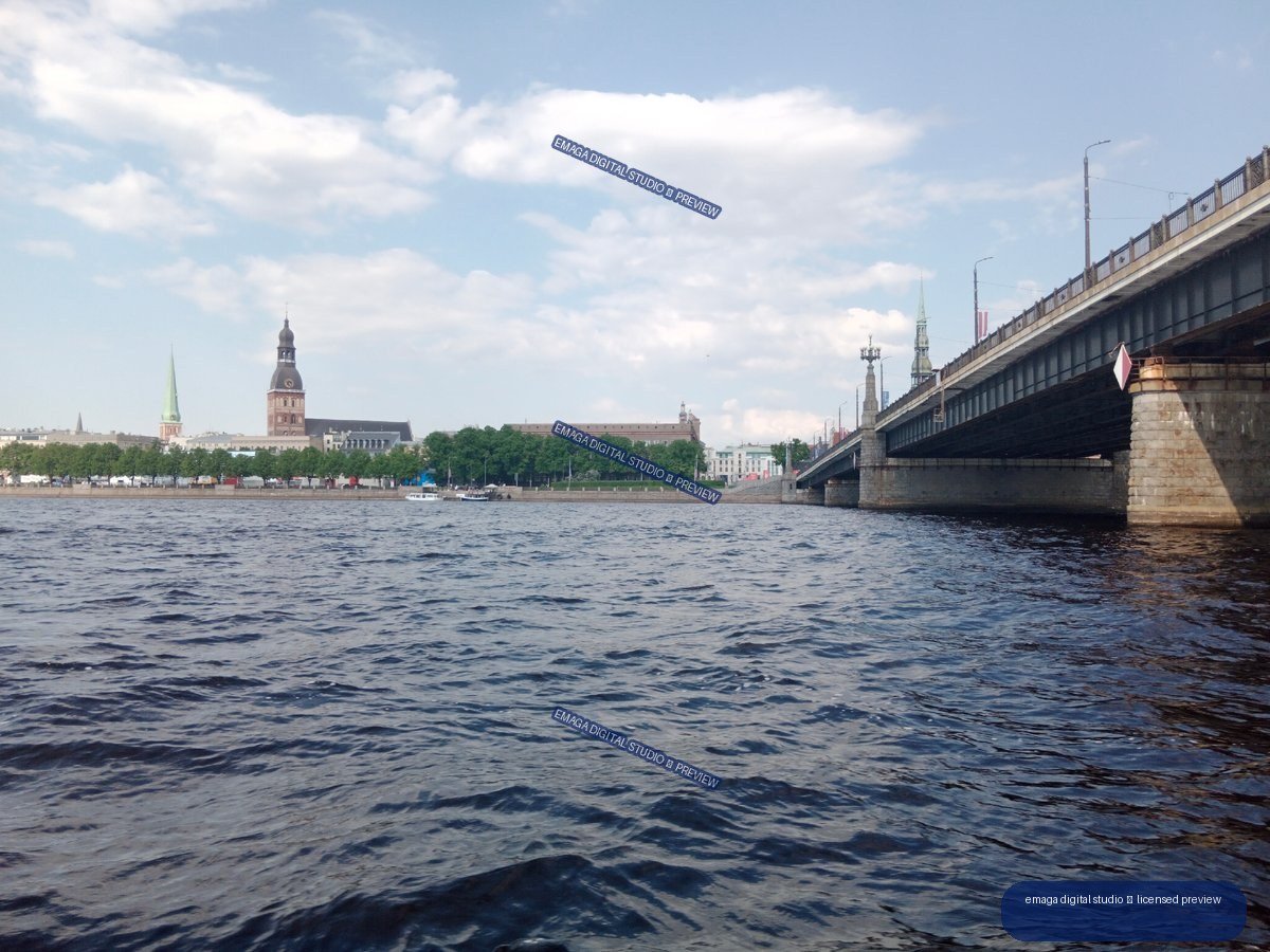 Riga, Latvia Riverside Skyline and Bridge Across the Daugava