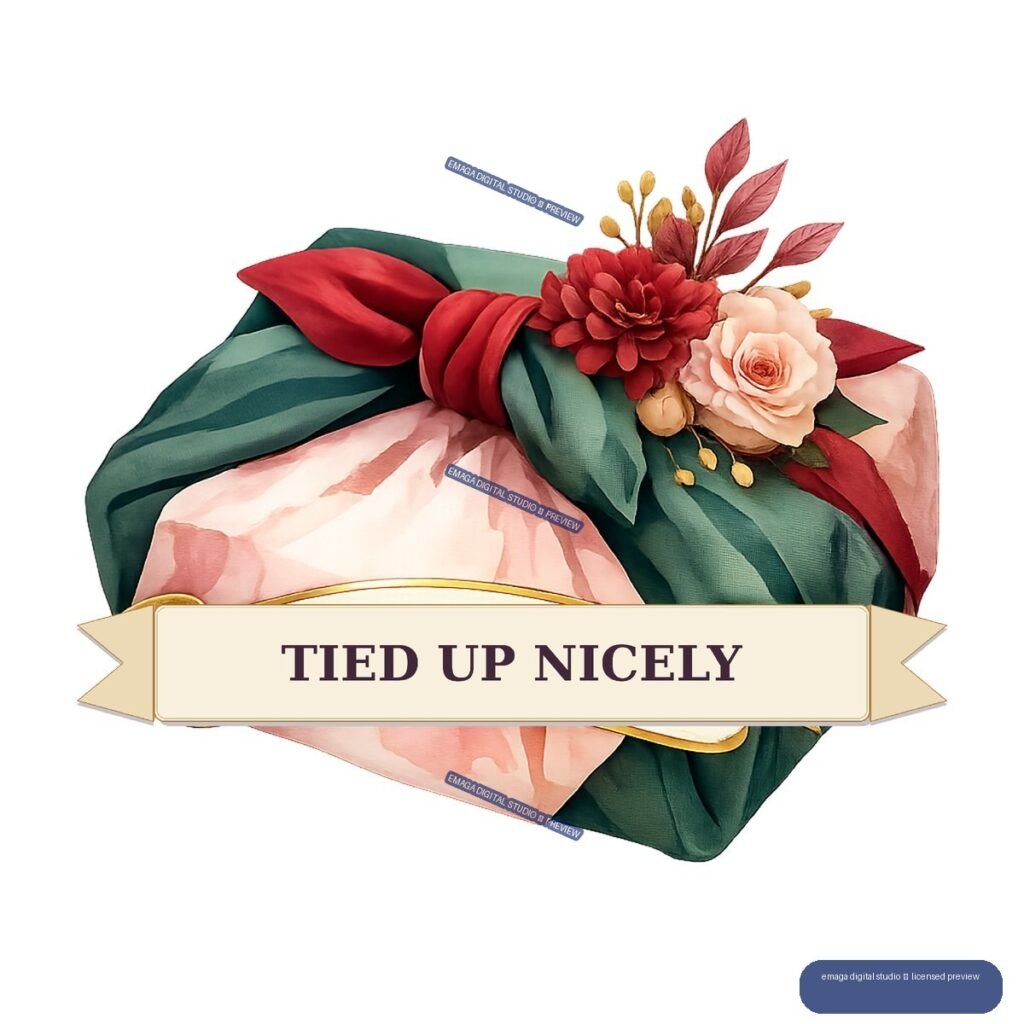 Floral gift wrap tied with burgundy and green fabric, pink roses, and a central banner reading TIED UP NICELY.