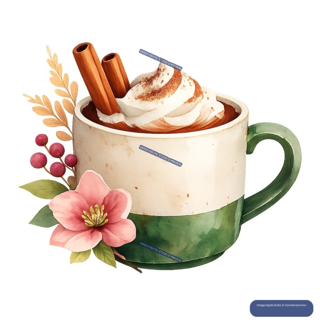Watercolor illustration of a green and cream mug holding whipped hot chocolate with cinnamon sticks, pink flowers, leaves, and red berries.