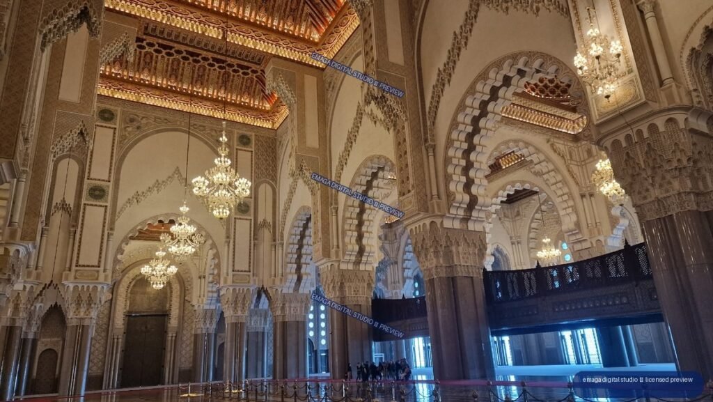 Ornate Mosque Interior with Arches and Chandeliers in Casablanca, Morocco