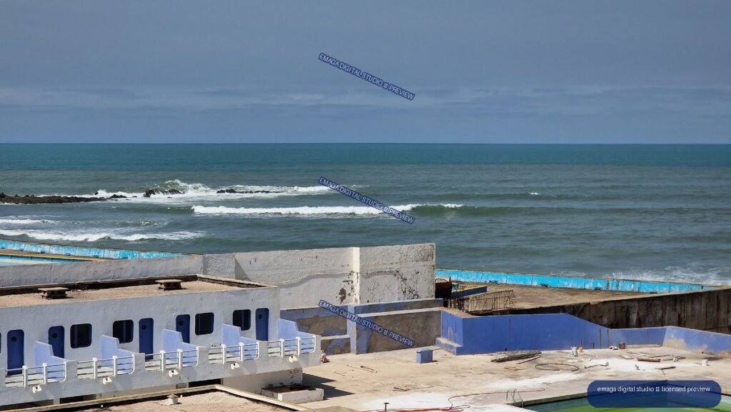 Atlantic Ocean Coastline and Blue Buildings in Casablanca, Morocco