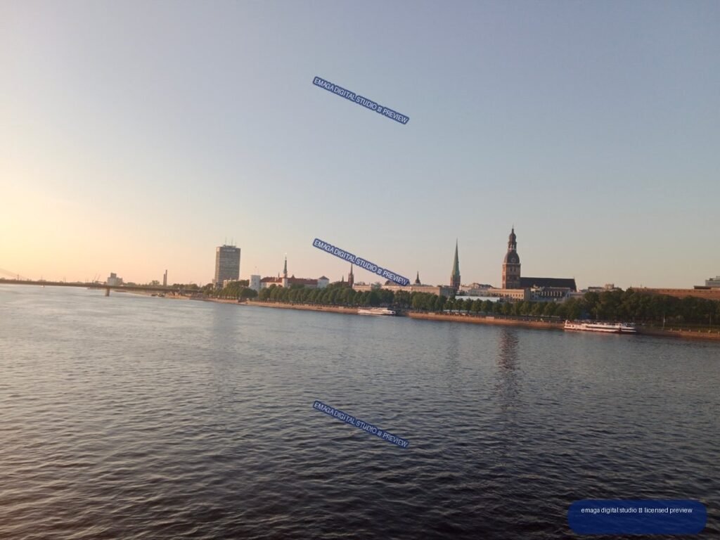 Riga, Latvia Skyline Across the River at Golden Hour
