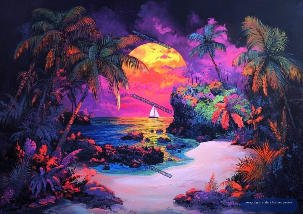 Vibrantly colored tropical beach at sunset, framed by palm trees and lush vegetation, with a small white sailboat on the ocean.