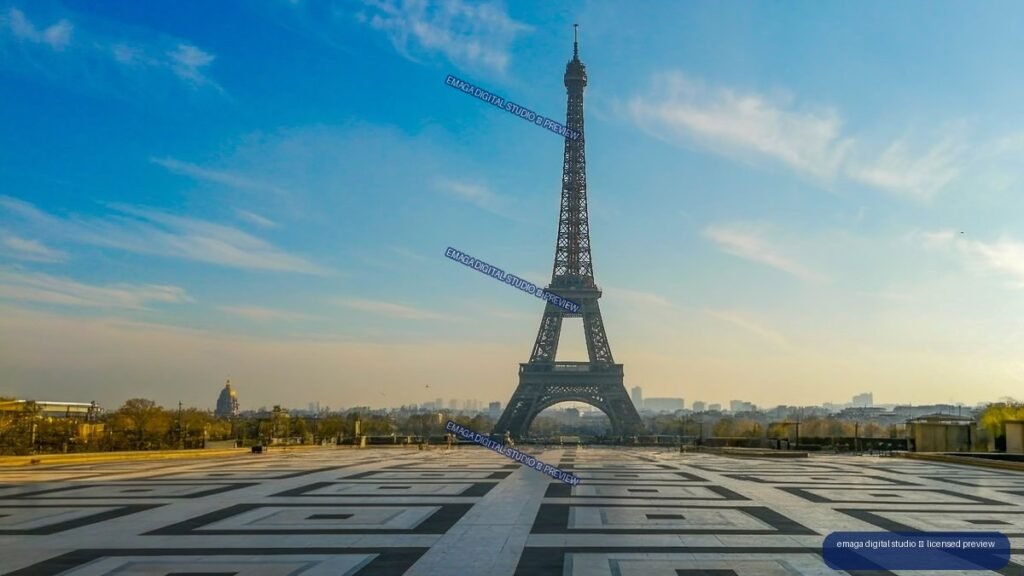 Eiffel Tower centered beyond the patterned Trocadéro esplanade under a blue, lightly clouded sky.