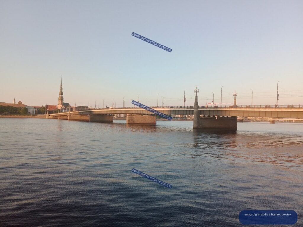 Bridge over the Daugava River at sunset in Riga, Latvia