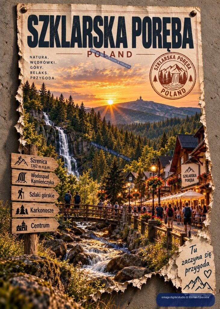 Vintage-style Polish travel poster for Szklarska Poręba showing mountains, sunset, waterfall, stream, village buildings, hikers, and wooden trail signs.