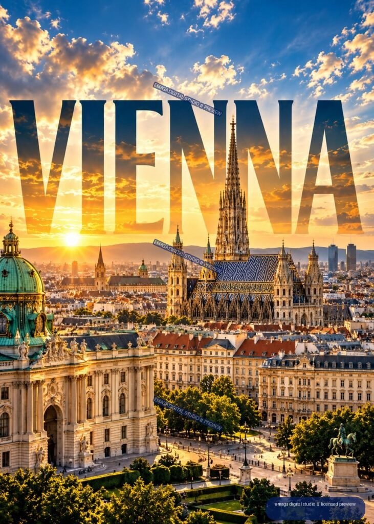 Vienna cityscape at sunset with St. Stephen’s Cathedral, historic buildings, gardens, distant hills, and large translucent VIENNA lettering.