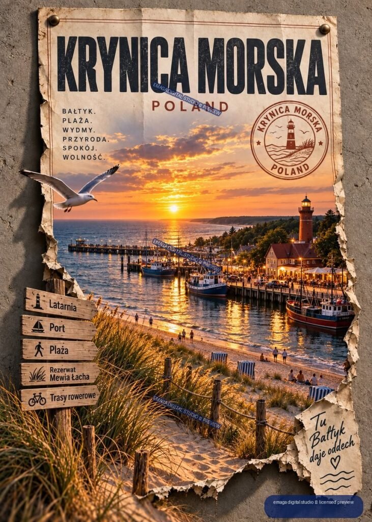 Vintage-style Krynica Morska Poland travel poster showing a sunset harbor, lighthouse, fishing boats, beach, seagull, and Polish signposts.