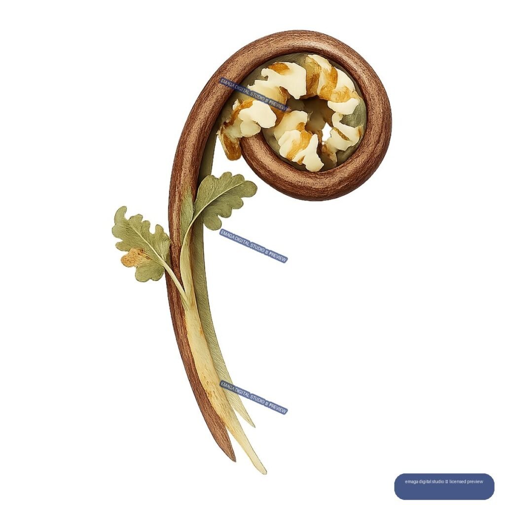 Curled brown fern fiddlehead with pale textured center and small green lobed leaves