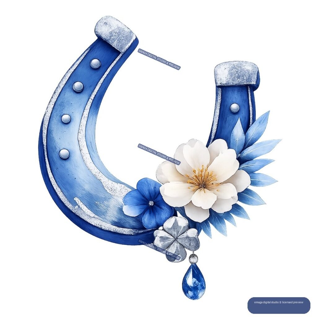 Blue horseshoe decorated with white and blue flowers, leaves, silver flower, and a hanging blue teardrop jewel.