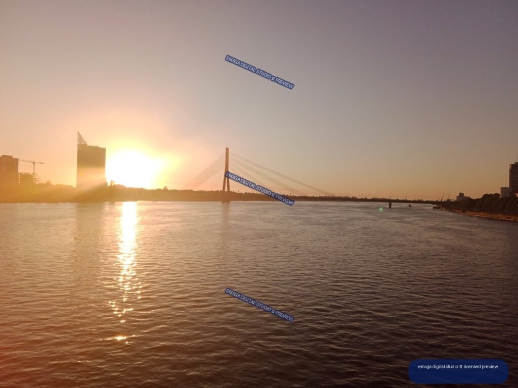Sunset over the Daugava River and Cable-Stayed Bridge in Riga, Latvia