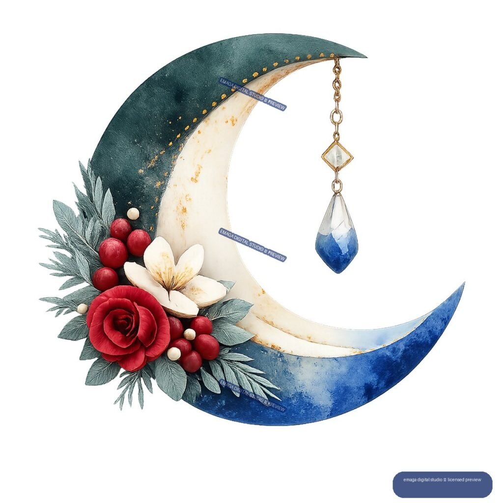 Blue crescent moon ornament with a hanging blue gem, red rose, white flower, berries, and evergreen foliage.