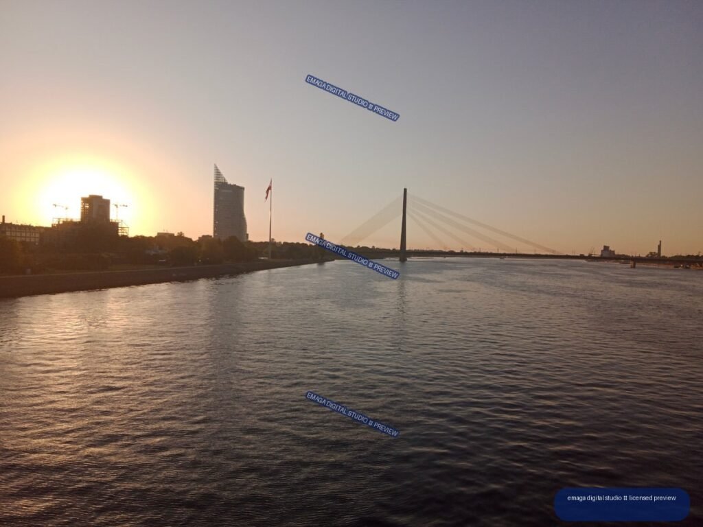 Sunset over the Daugava River and Bridge in Riga, Latvia