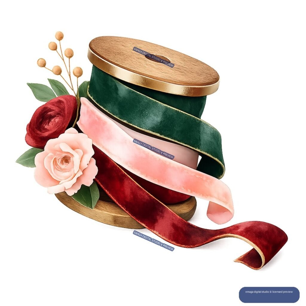 Wooden spool wrapped with green, pink, and burgundy ribbons, decorated with roses and leaves.