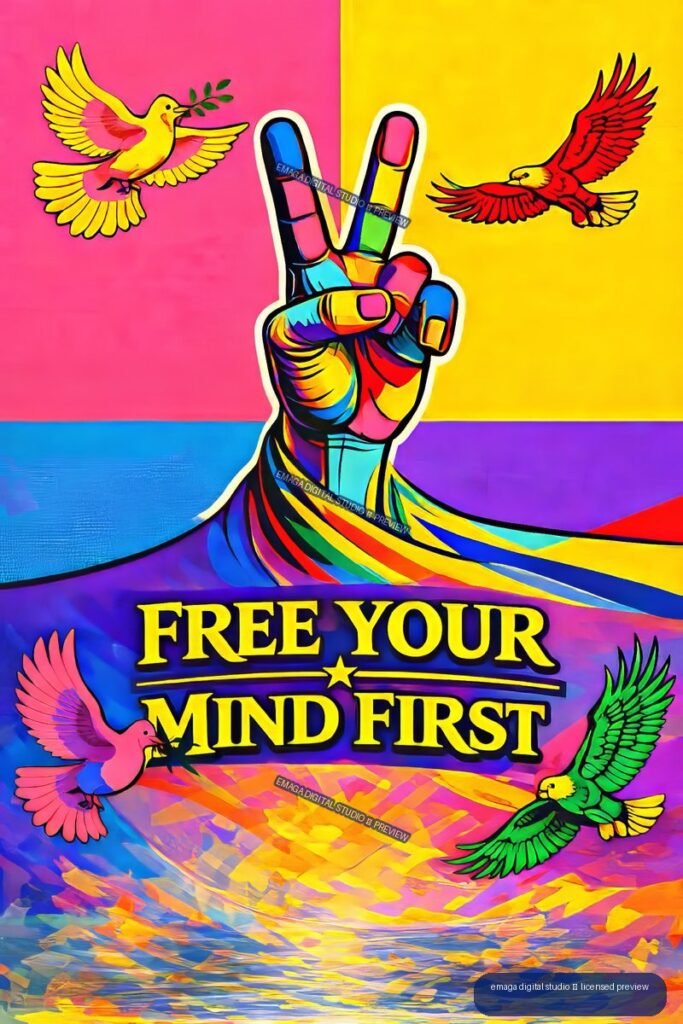 Colorful poster with a central peace-sign hand, four flying birds, and the words Free Your Mind First.