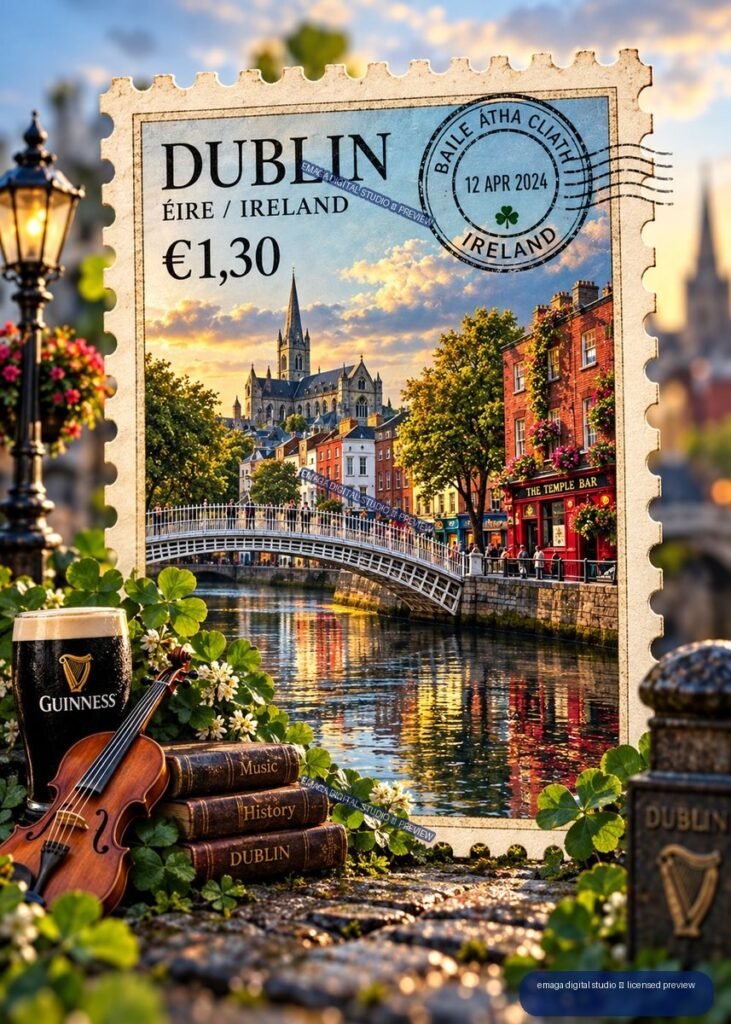 Decorative Dublin postage stamp showing a canal, bridge, church, colorful buildings, Temple Bar, shamrocks, Guinness, violin, and books.