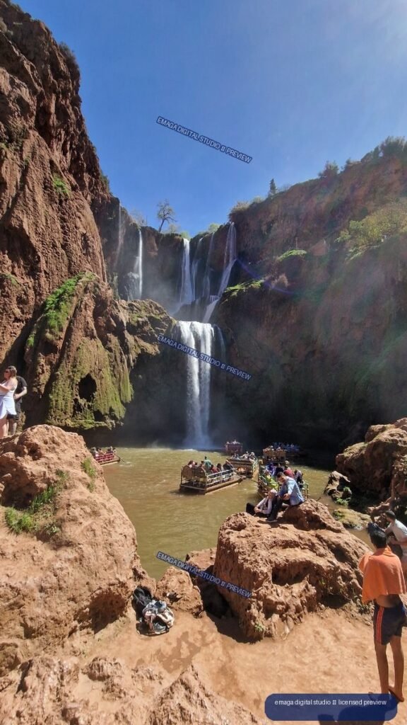 Ouzoud Waterfalls, Morocco with Tour Boats and Rocky Cliffs