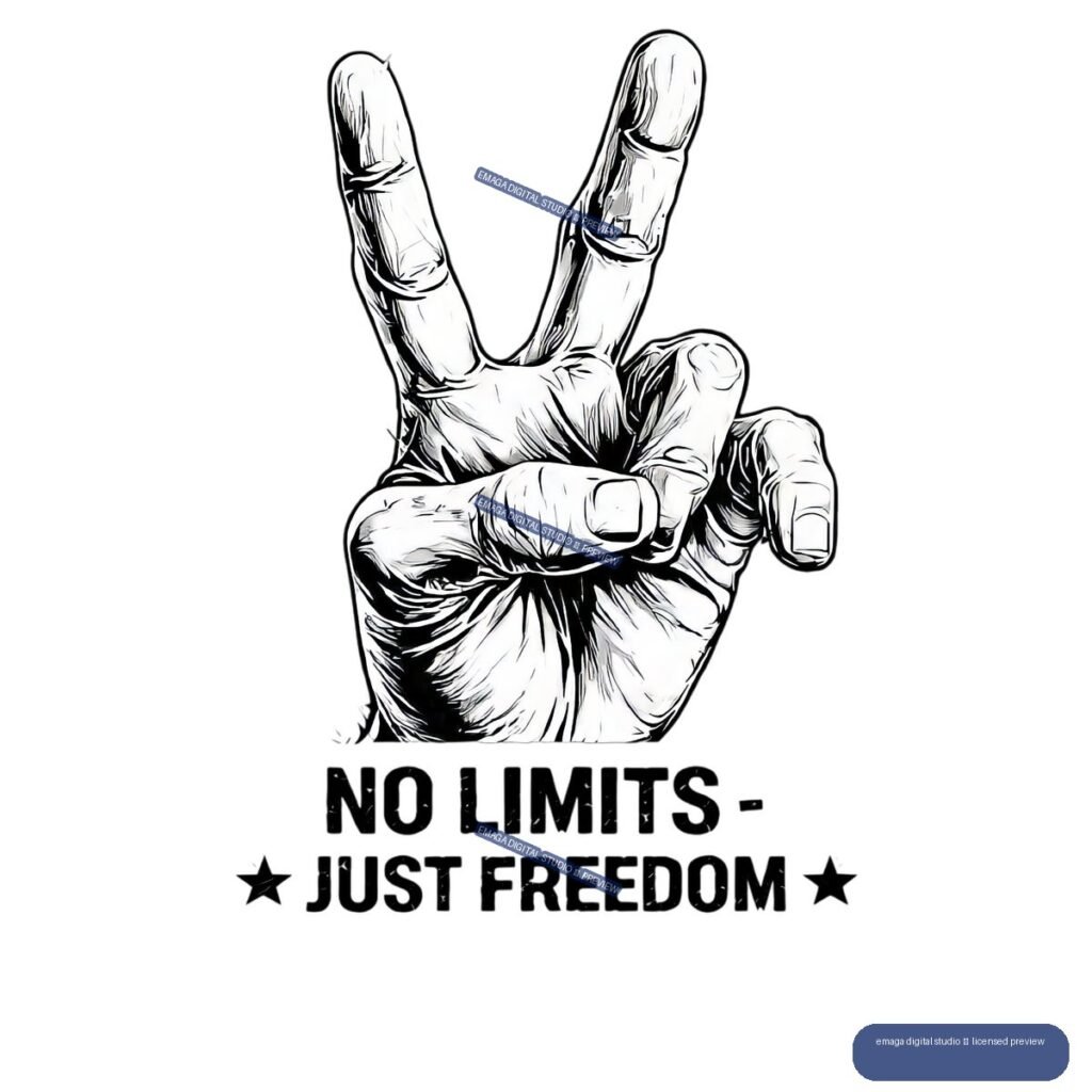 Black-and-white ink illustration of a raised hand with two fingers extended above the words “NO LIMITS - JUST FREEDOM,” with stars on either side.