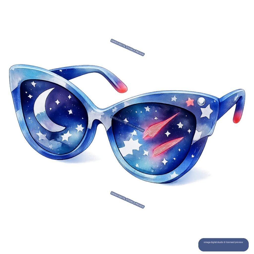 Blue cat-eye sunglasses with starry galaxy lenses, a crescent moon, ringed planet, and red comet streaks.