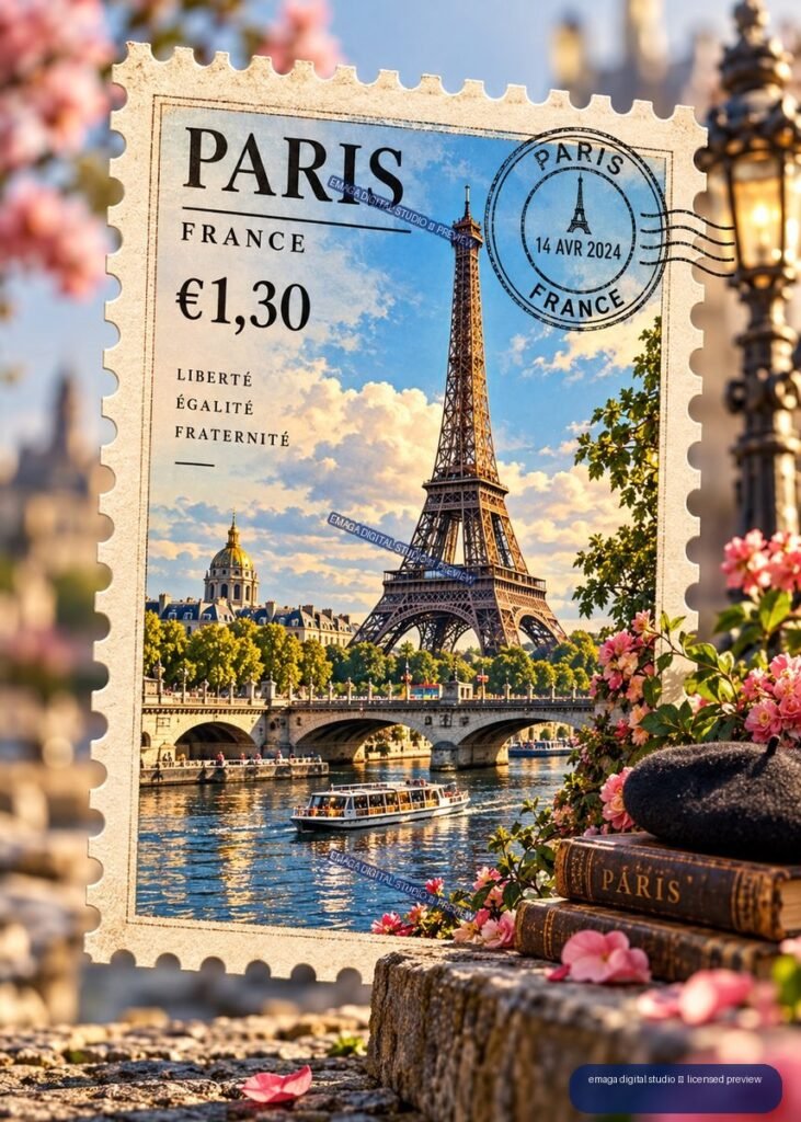 Decorative Paris postage stamp showing the Eiffel Tower, Seine bridge, sightseeing boat, €1,30 denomination, and a Paris France postmark dated 14 AVR 2024.