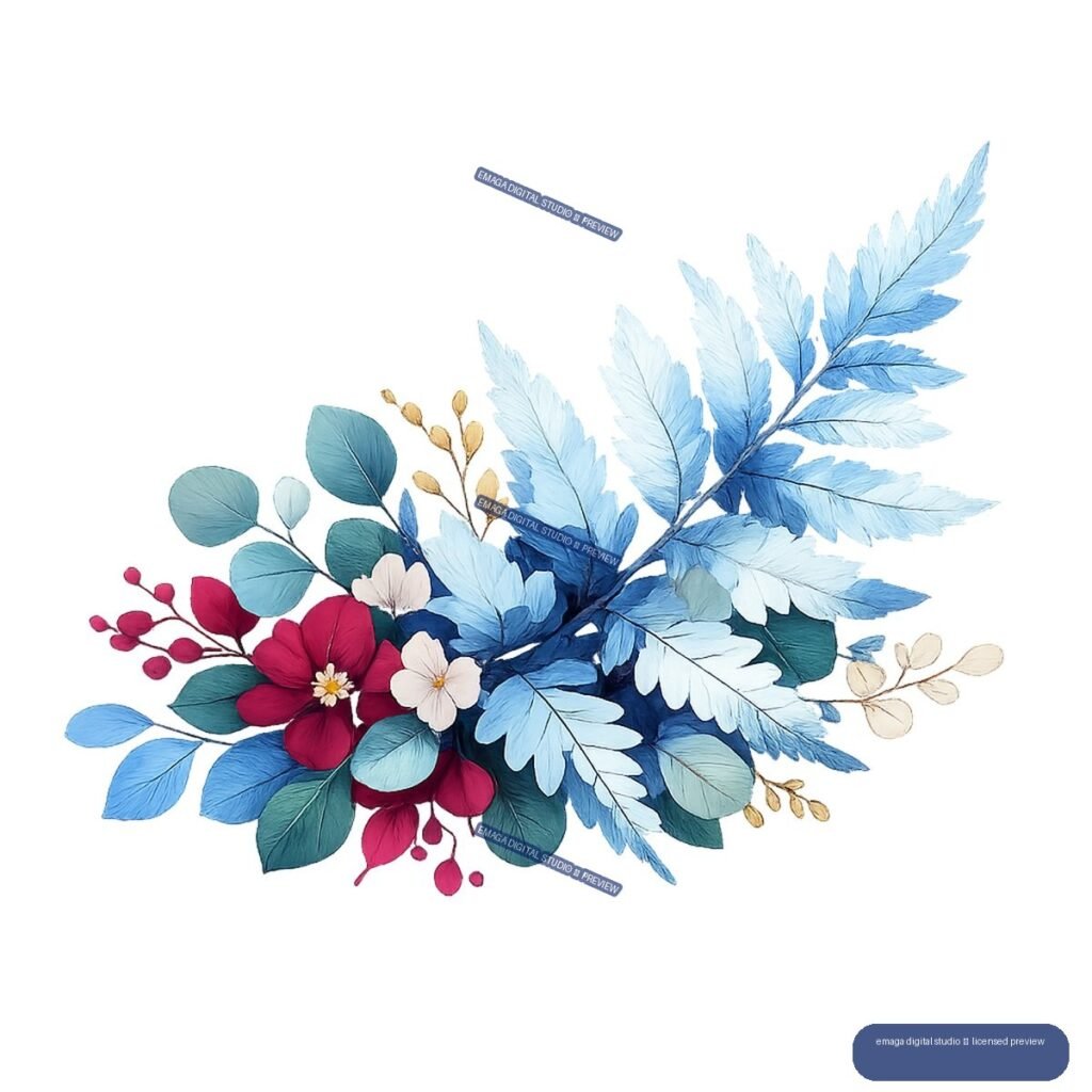 Illustrated botanical bouquet with blue fern fronds, teal leaves, cream flowers, burgundy blossoms, and golden buds.