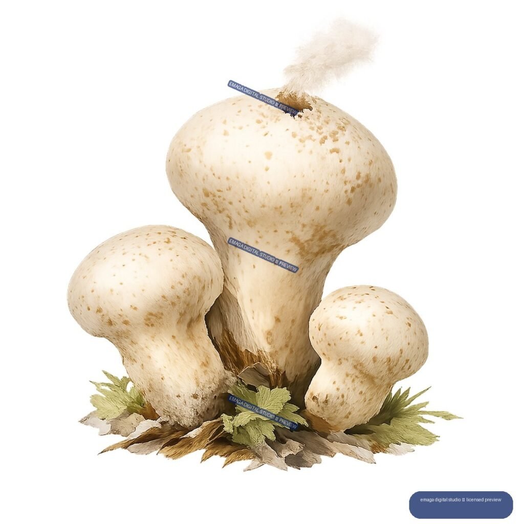 Three cream-colored speckled puffball mushrooms with leaves and dried foliage, including a soft spore plume from the largest mushroom.