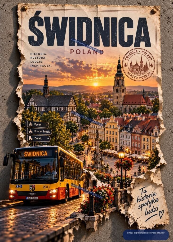 Vintage-style Świdnica Poland travel poster showing historic buildings, church towers, a yellow bus, sunset, and market square.