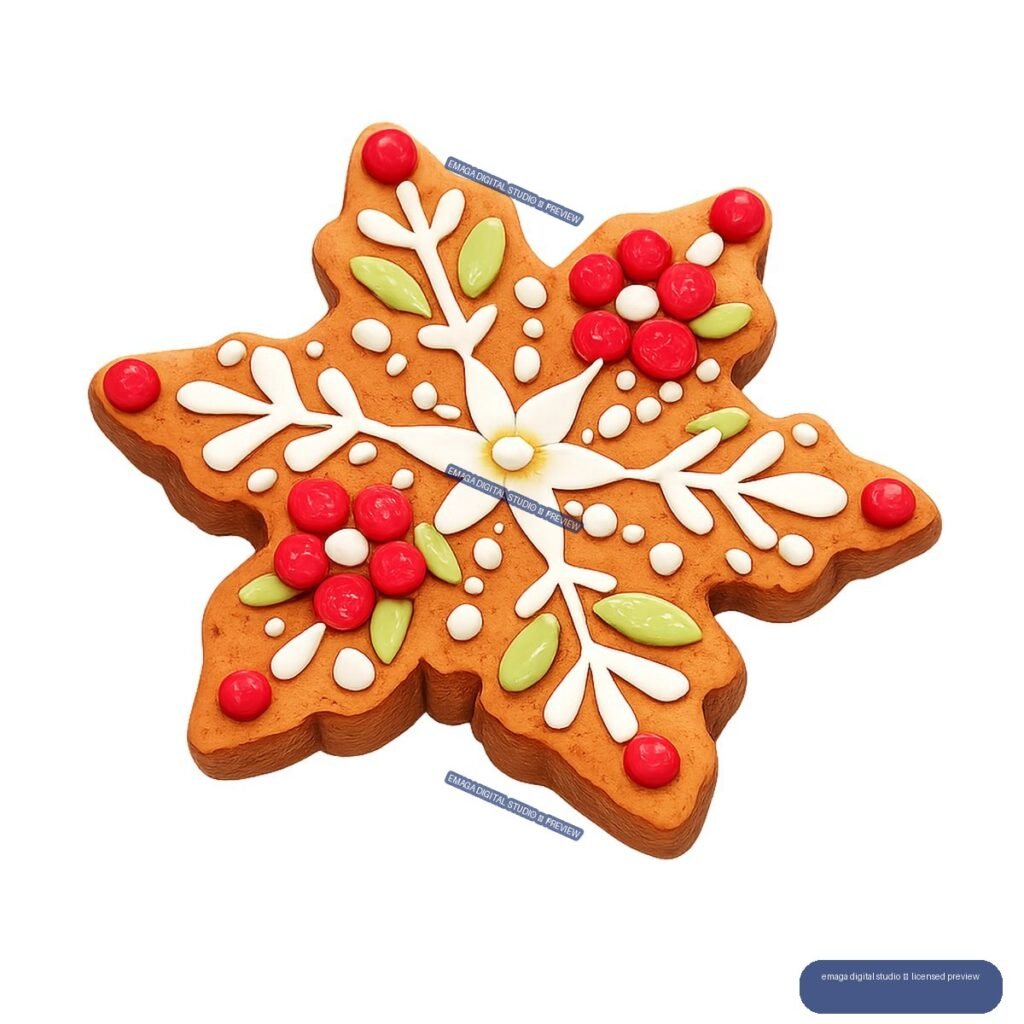 Decorated golden-brown star-shaped cookie with white icing branches, red berries, green leaves, and a central white flower.