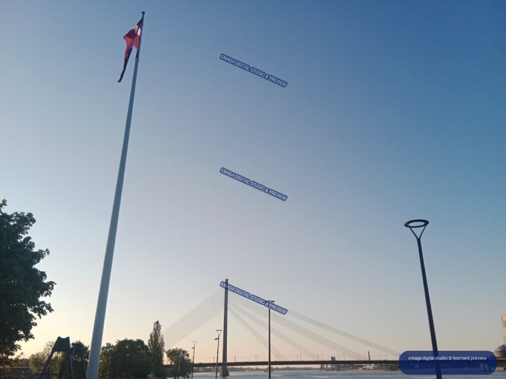 Flagpole and Cable-Stayed Bridge Over the Daugava in Riga, Latvia