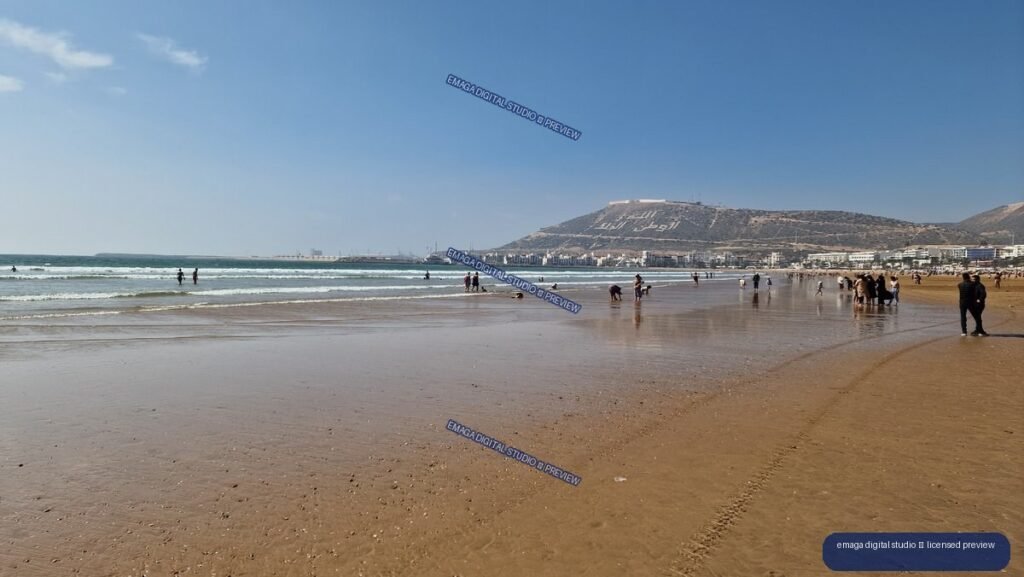 Wide Beach View with Mountain and Ocean in Agadir, Morocco