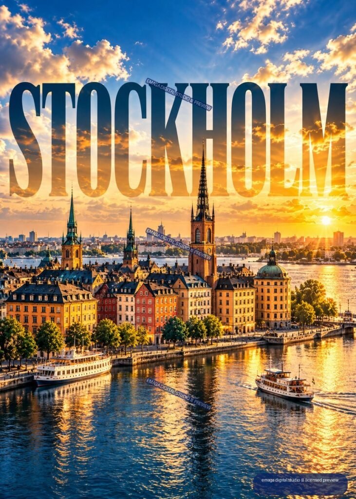 Stockholm waterfront at sunset with colorful historic buildings, church towers, boats, reflective water, and large STOCKHOLM lettering across the sky.