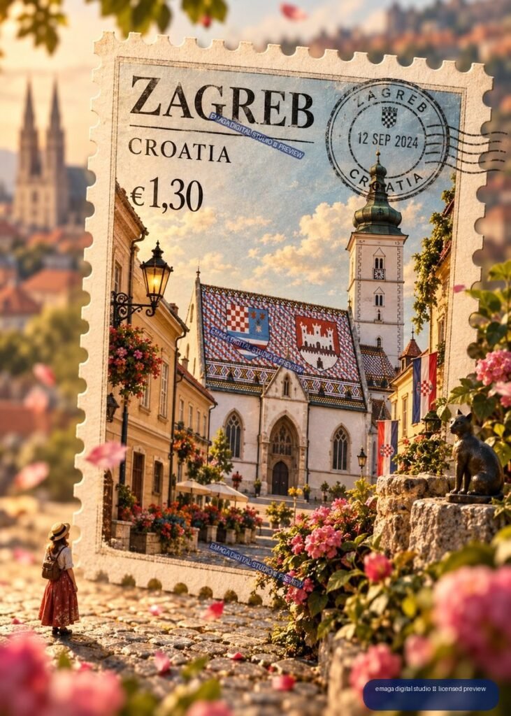 Decorative Zagreb, Croatia postage stamp showing St. Mark’s Church, flowers, flags, a cat sculpture, and a small traveler on a cobblestone street.