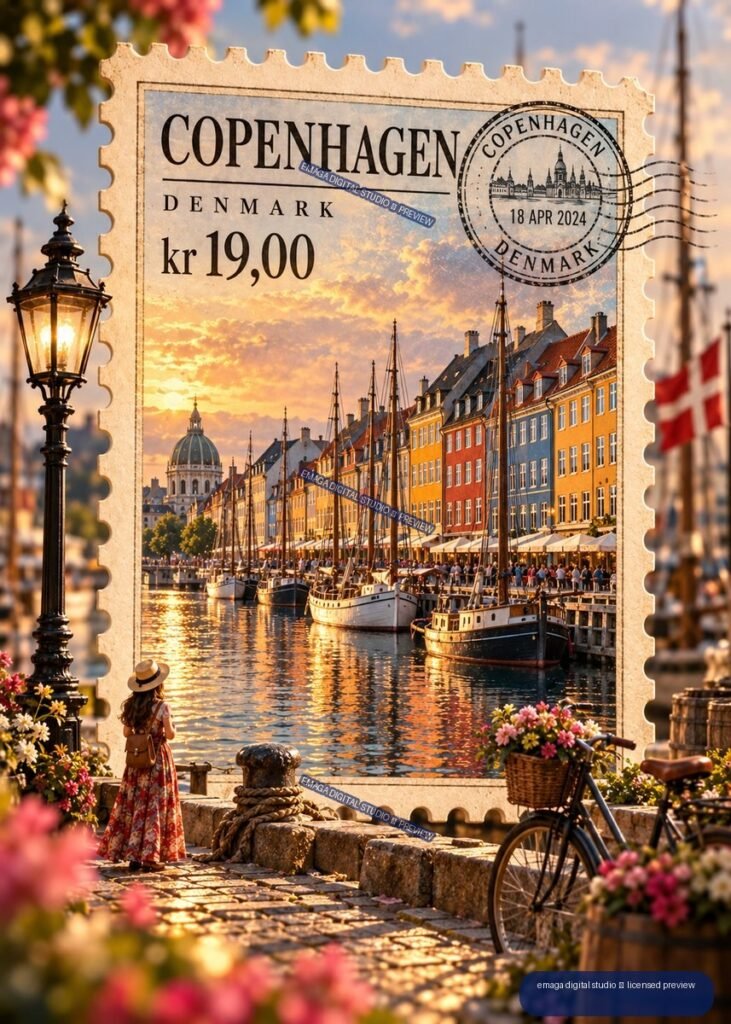 Decorative postage-stamp illustration of Copenhagen’s colorful Nyhavn harbor at sunset, with boats, historic buildings, flowers, a bicycle, and a traveler.