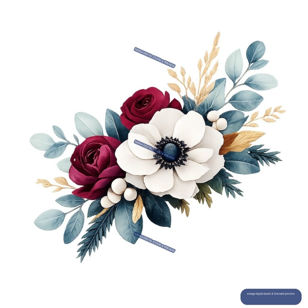 Watercolor-style winter floral arrangement with burgundy roses, an ivory central flower, blue foliage, cream berries, and golden grasses.