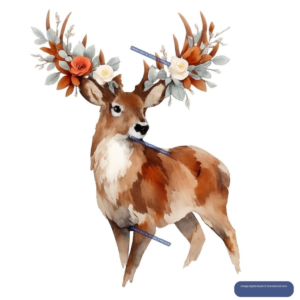 Watercolor illustration of a brown and white deer with flower-covered antlers, standing against a transparent background.