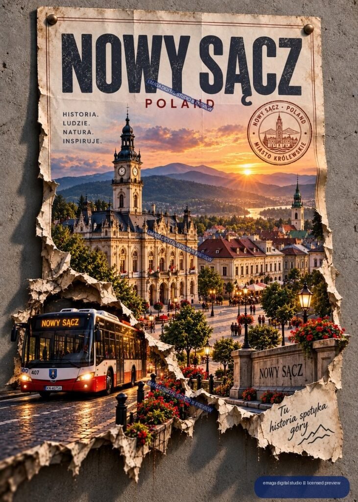Vintage-style Nowy Sącz Poland travel poster with historic architecture, mountains at sunset, a city bus, flower-filled square, and bold typography.