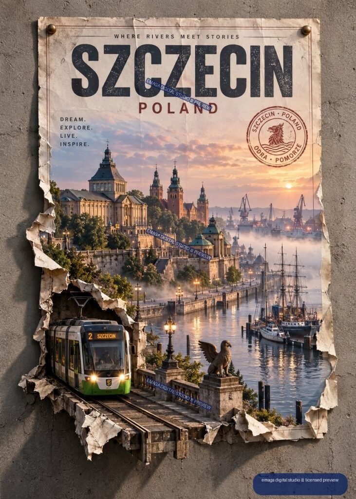 Vintage-style Szczecin Poland travel poster showing historic waterfront buildings, harbor cranes, ships, a green tram, and a sunset sky.