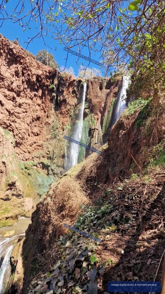 Waterfalls and Red Rock Gorge at Ouzoud Waterfalls, Morocco
