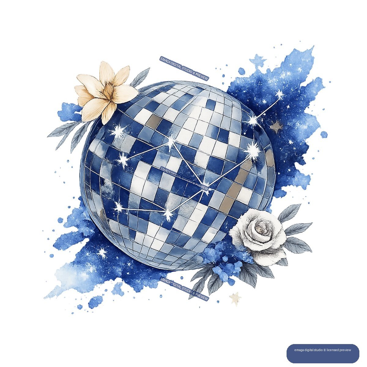 Blue and silver mirrored disco ball with constellation-like highlights, flowers, leaves, stars, and blue watercolor splashes.