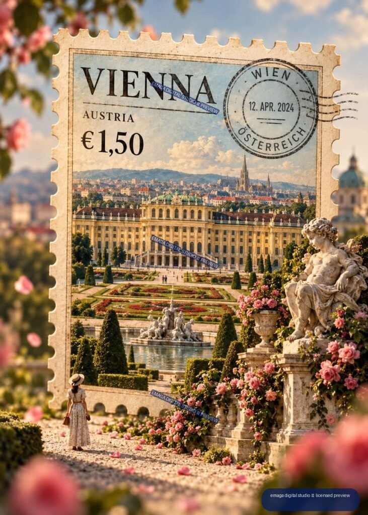 Decorative Vienna postage stamp showing Belvedere Palace, formal gardens, roses, statues, and a Wien postmark.
