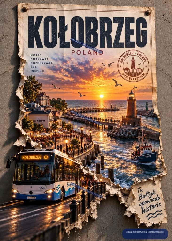 Weathered travel poster for Kołobrzeg, Poland, showing a Baltic sunset, lighthouse, harbor, seagulls, waterfront buildings, bus, and boat.