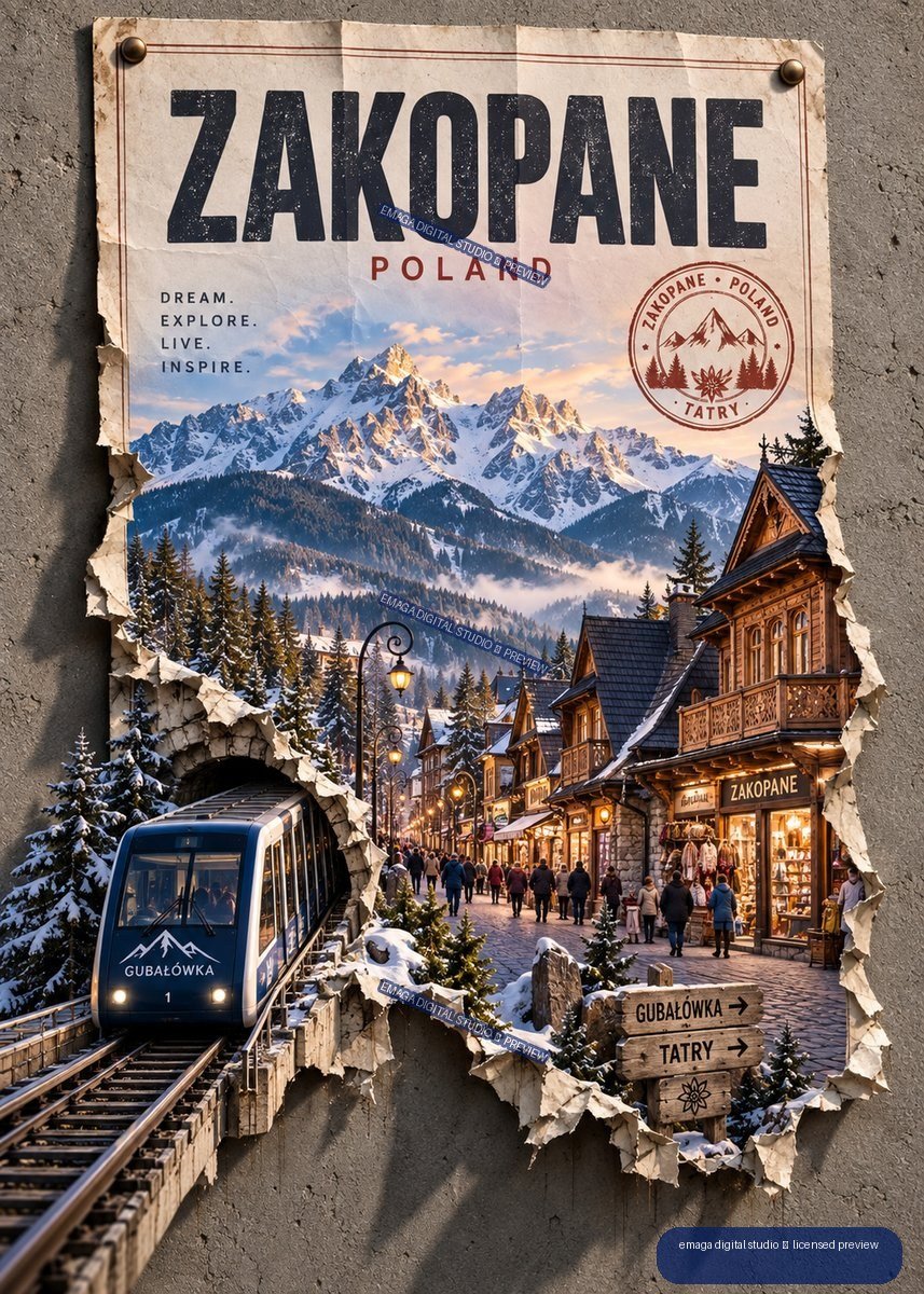 Vertical Zakopane Poland travel poster showing snowy Tatra Mountains, wooden town buildings, a funicular, pedestrians, and directional signs.