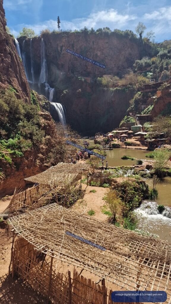 Ouzoud Waterfalls, Morocco, cascading falls and riverside huts