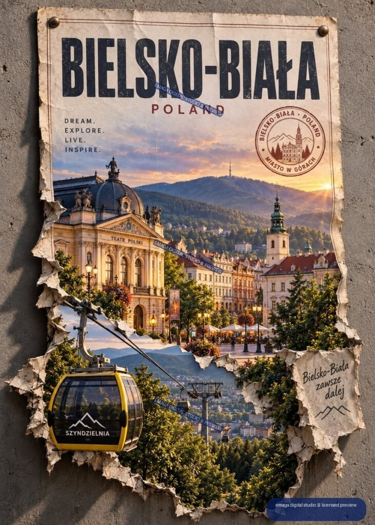 Vintage-style Bielsko-Biała Poland travel poster with historic city buildings, mountains, sunset, and a cable car.
