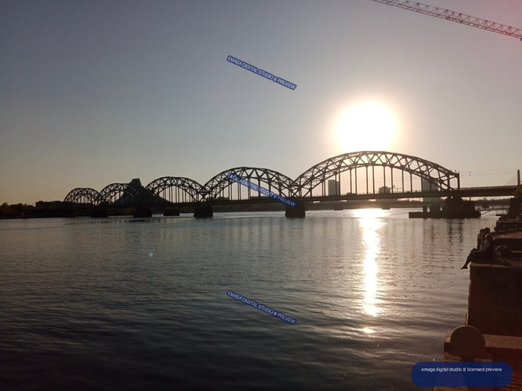 Arched Bridge over the Daugava at Sunset in Riga, Latvia